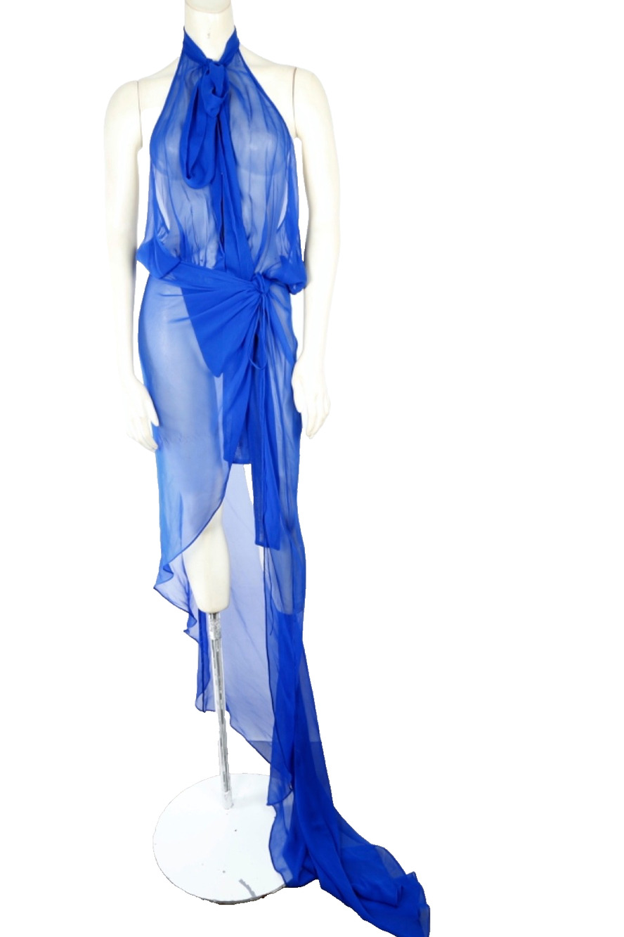 LaQuan Smith Cobalt Blue Sheer Chiffon Silk Halter Bodysuit Dress Cover Up M